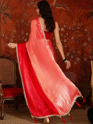 Red women ombre sequinned tissue designer saree 5
