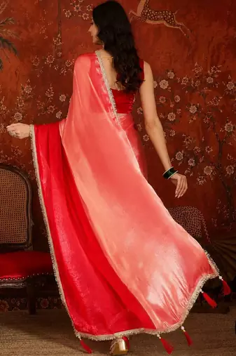 Red women ombre sequinned tissue designer saree