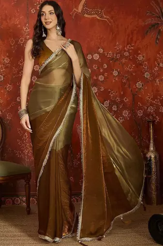Brown sequinned tissue designer saree