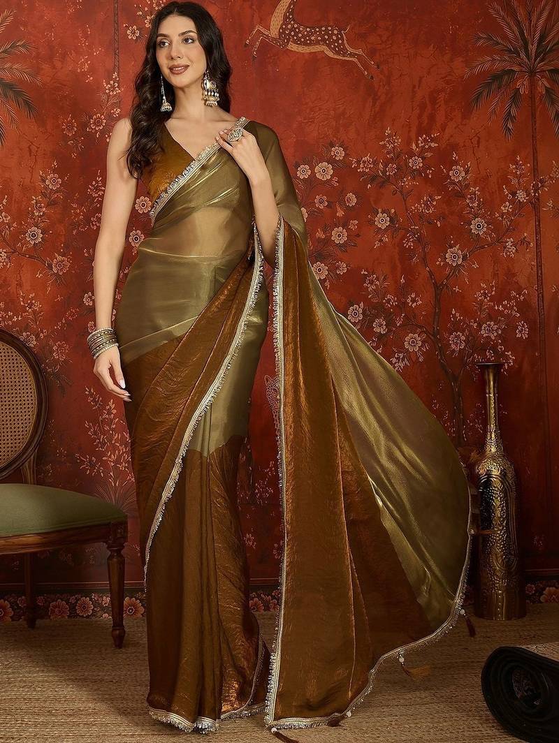 Brown sequinned tissue designer saree