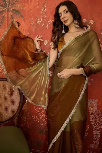 Brown sequinned tissue designer saree