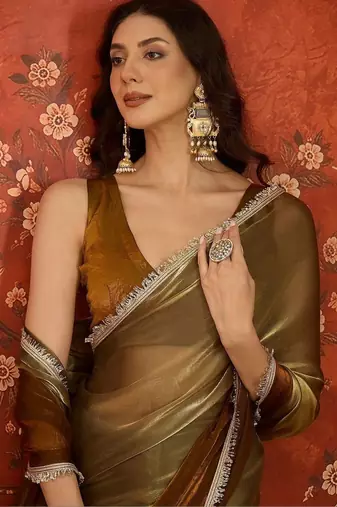 Brown sequinned tissue designer saree