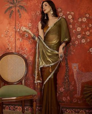 Brown sequinned tissue designer saree 4
