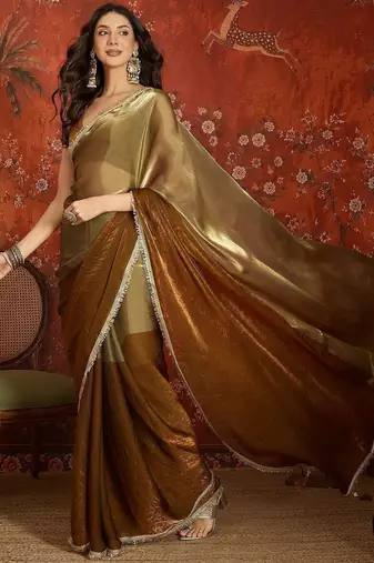 Brown sequinned tissue designer saree
