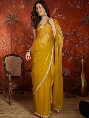 Mustard sequinned tissue designer saree 1