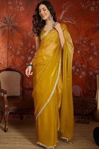 Mustard sequinned tissue designer saree