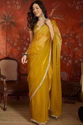 Mustard sequinned tissue designer saree