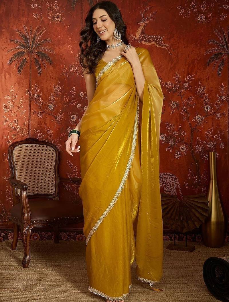 Mustard sequinned tissue designer saree