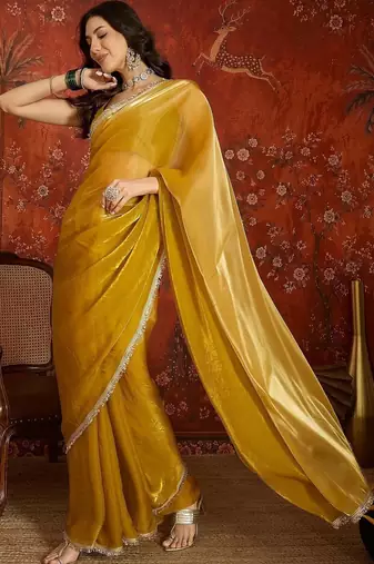 Mustard sequinned tissue designer saree