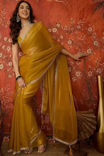 Mustard sequinned tissue designer saree