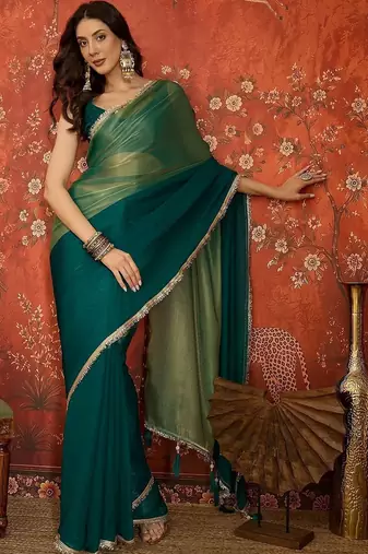 Teal sequinned tissue designer saree