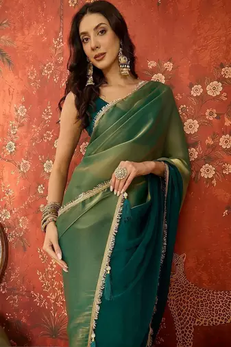 Teal sequinned tissue designer saree