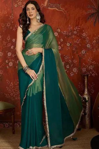 Teal sequinned tissue designer saree