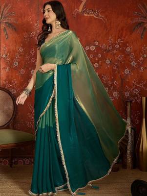 Teal sequinned tissue designer saree 5