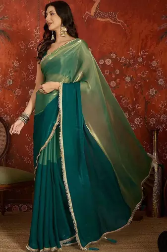 Teal sequinned tissue designer saree