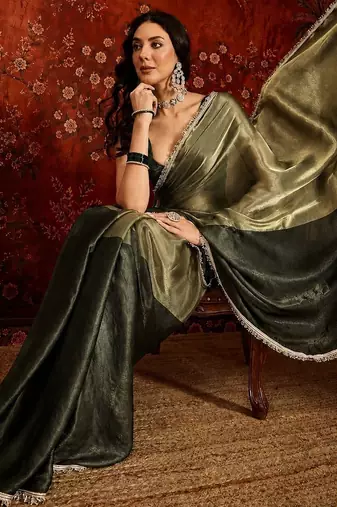 Olive sequinned tissue designer saree