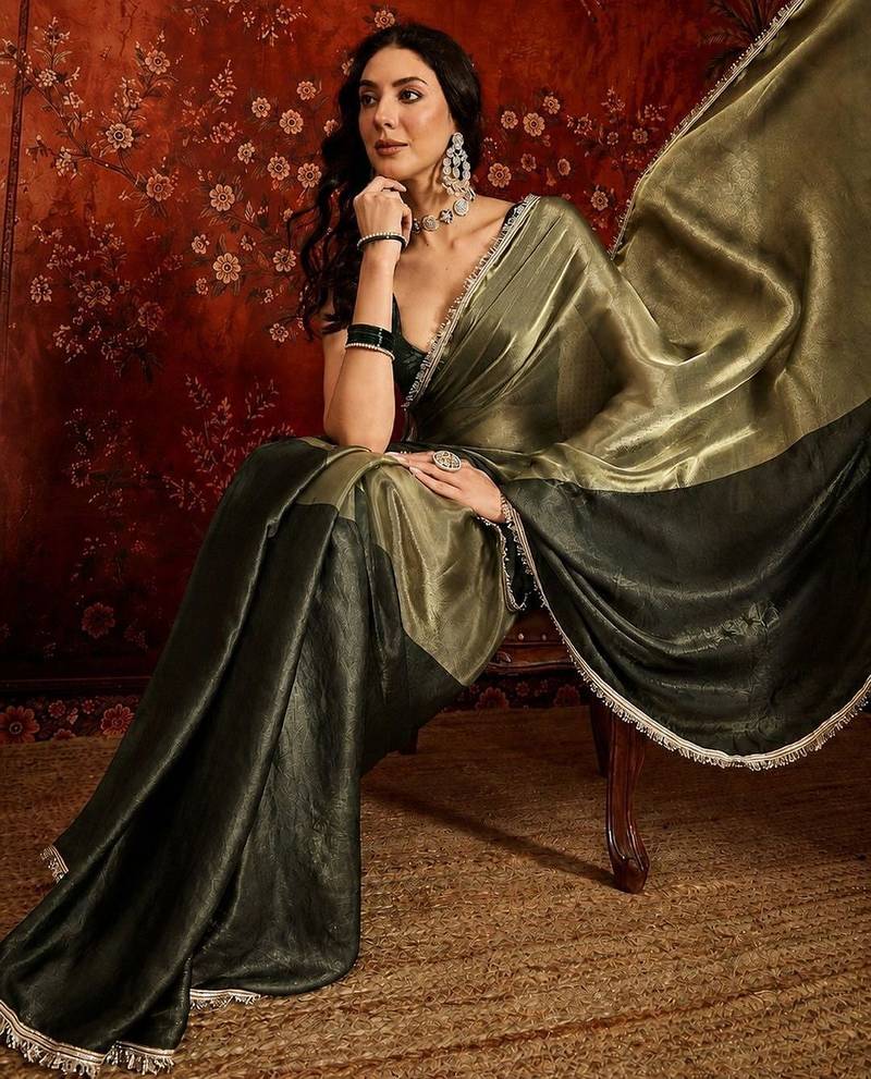 Olive sequinned tissue designer saree