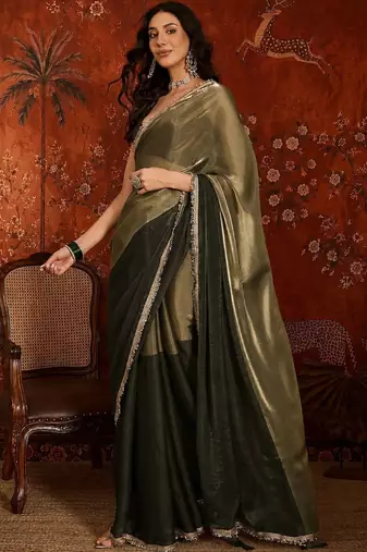 Olive sequinned tissue designer saree