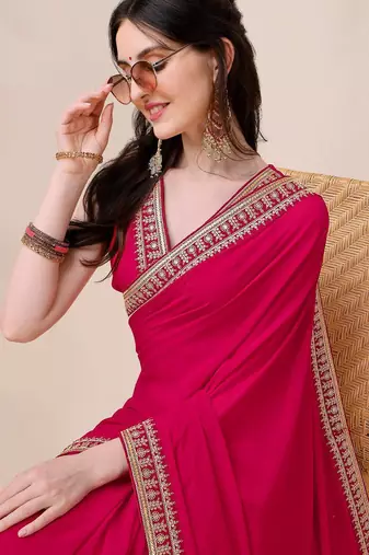 Magenta women sequinned embroidered border saree with blouse piece