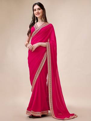 Magenta women sequinned embroidered border saree with blouse piece 2