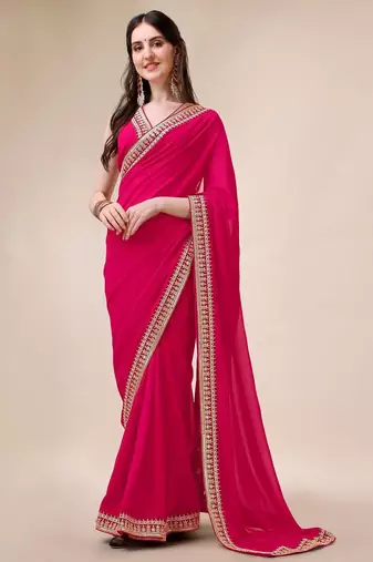 Magenta women sequinned embroidered border saree with blouse piece