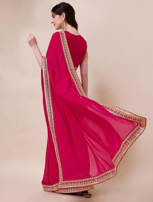 Magenta women sequinned embroidered border saree with blouse piece 3