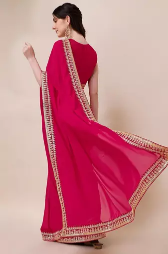 Magenta women sequinned embroidered border saree with blouse piece