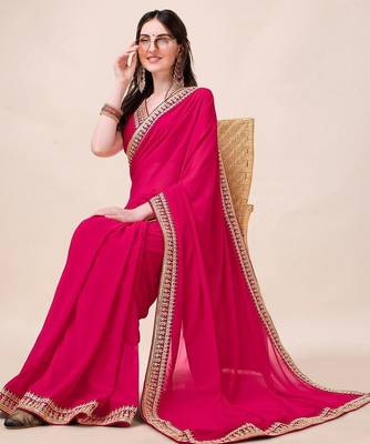 Magenta women sequinned embroidered border saree with blouse piece 4