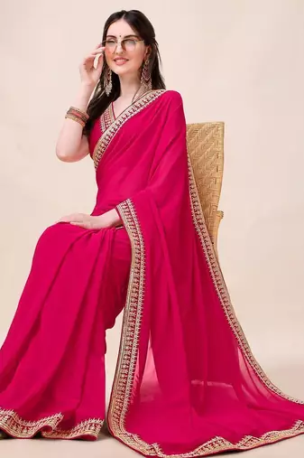 Magenta women sequinned embroidered border saree with blouse piece