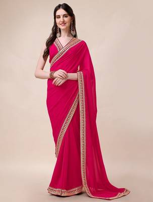Magenta women sequinned embroidered border saree with blouse piece 5