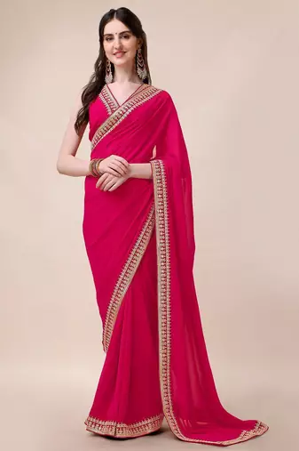 Magenta women sequinned embroidered border saree with blouse piece