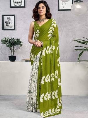 Green printed  cotton ready to wear saree with unstitched blouse piece 1