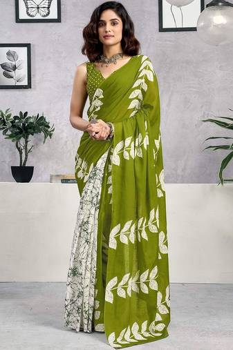 Green printed  cotton ready to wear saree with unstitched blouse piece