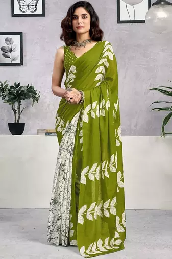 Green printed  cotton ready to wear saree with unstitched blouse piece