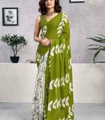 Green printed  cotton ready to wear saree with unstitched blouse piece