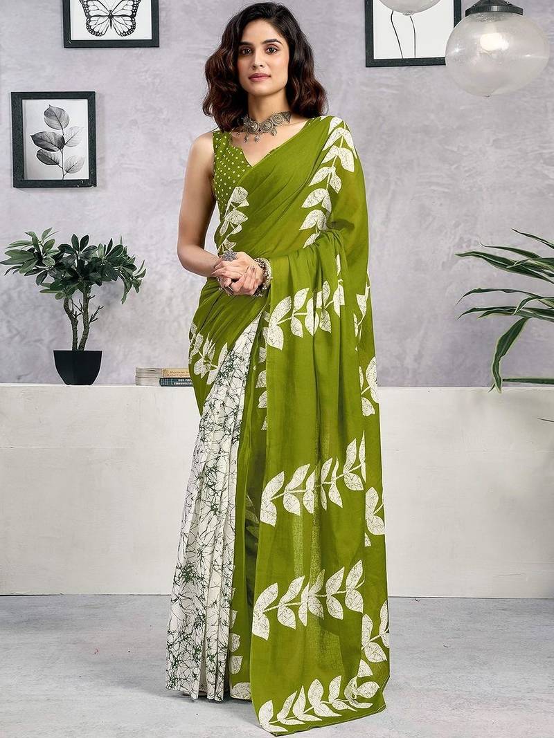 Green printed  cotton ready to wear saree with unstitched blouse piece