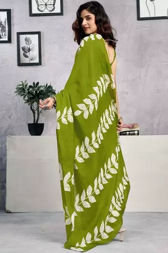 Green printed  cotton ready to wear saree with unstitched blouse piece