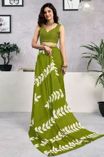 Green printed  cotton ready to wear saree with unstitched blouse piece