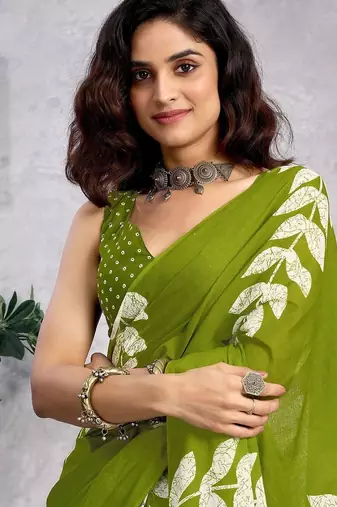 Green printed  cotton ready to wear saree with unstitched blouse piece