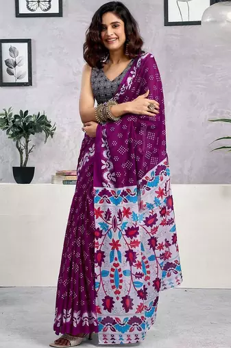 Purple  cotton printed block print ready to wear saree with blouse piece