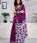 Purple  cotton printed block print ready to wear saree with blouse piece