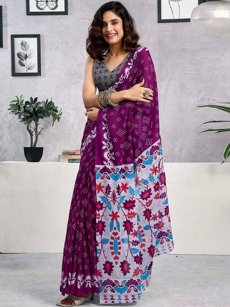 Purple  cotton printed block print ready to wear saree with blouse piece