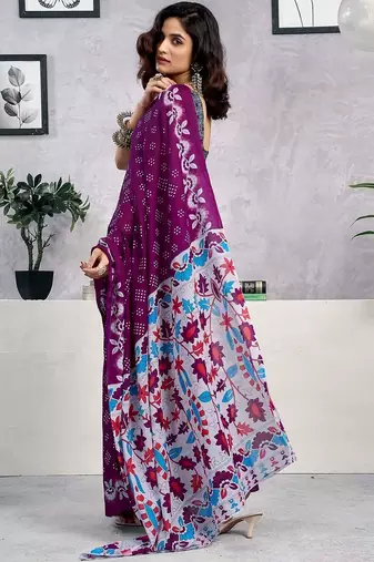 Purple  cotton printed block print ready to wear saree with blouse piece