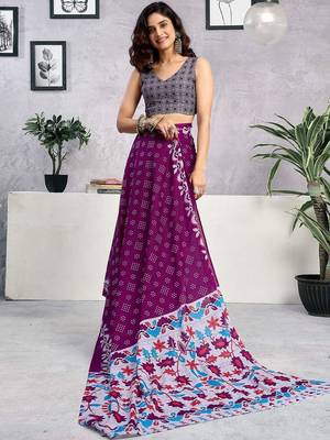 Purple  cotton printed block print ready to wear saree with blouse piece 3