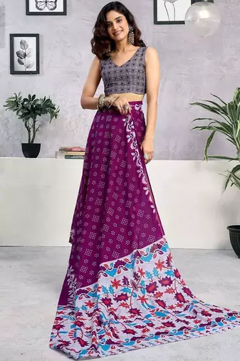 Purple  cotton printed block print ready to wear saree with blouse piece