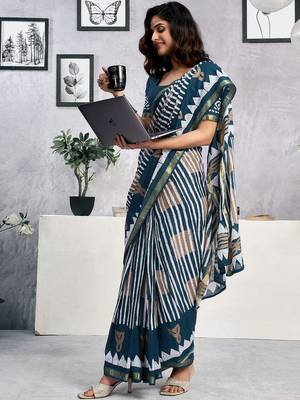 Blue  cotton block printed ready to wear saree blouse piece 1