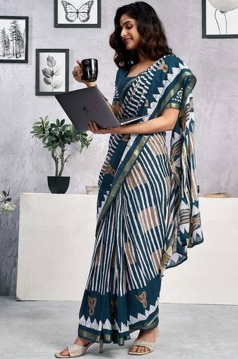 Blue  cotton block printed ready to wear saree blouse piece