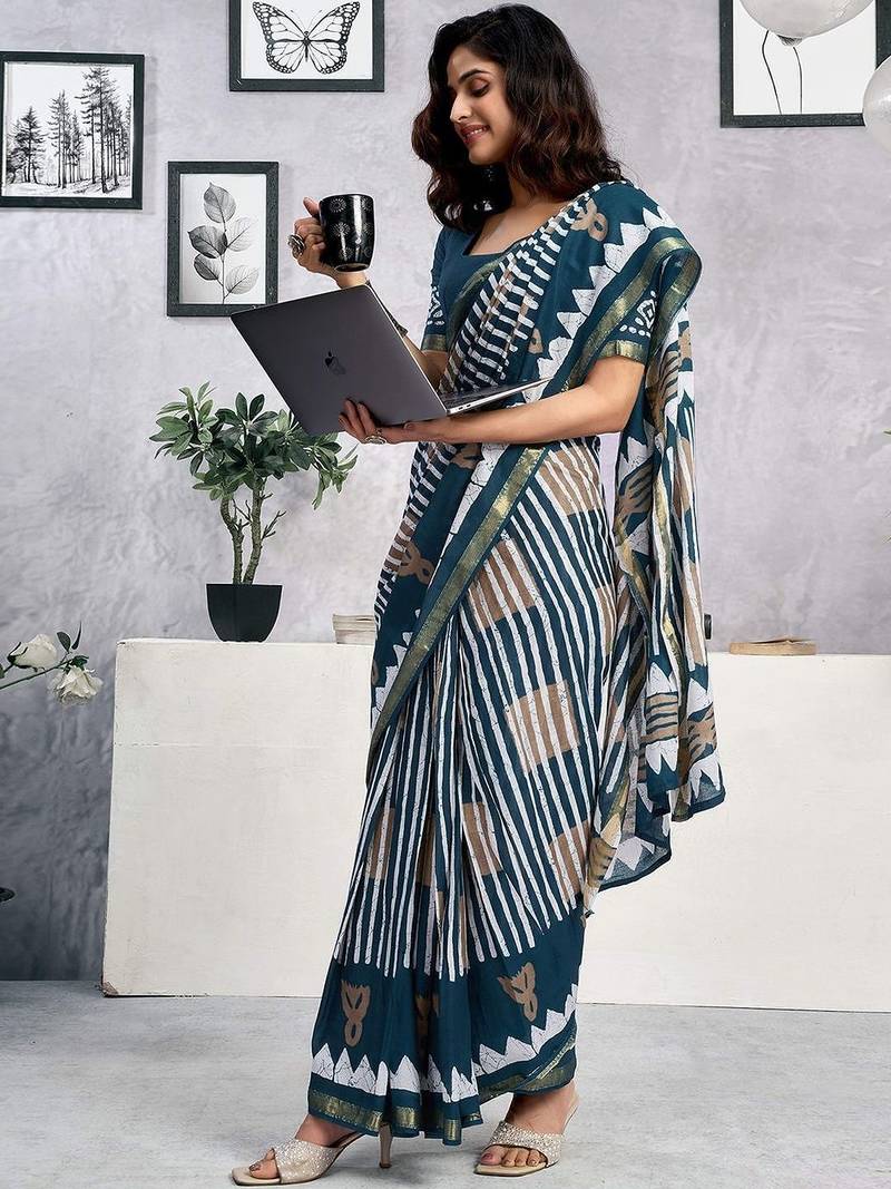 Blue  cotton block printed ready to wear saree blouse piece