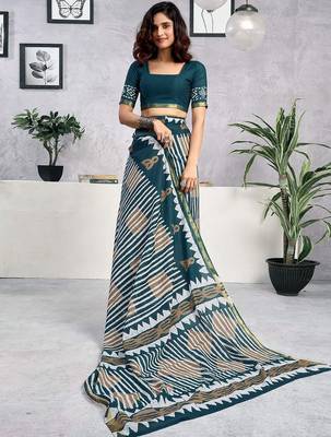 Blue  cotton block printed ready to wear saree blouse piece 2
