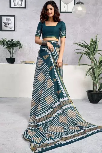 Blue  cotton block printed ready to wear saree blouse piece